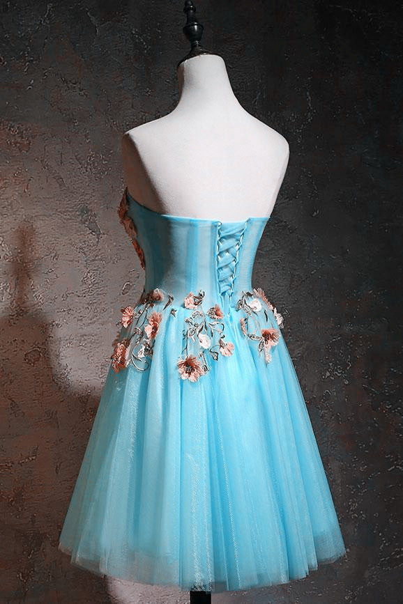 Light Blue Flowers Cute Tulle Knee Length Party Dress, Blue Floral Hom