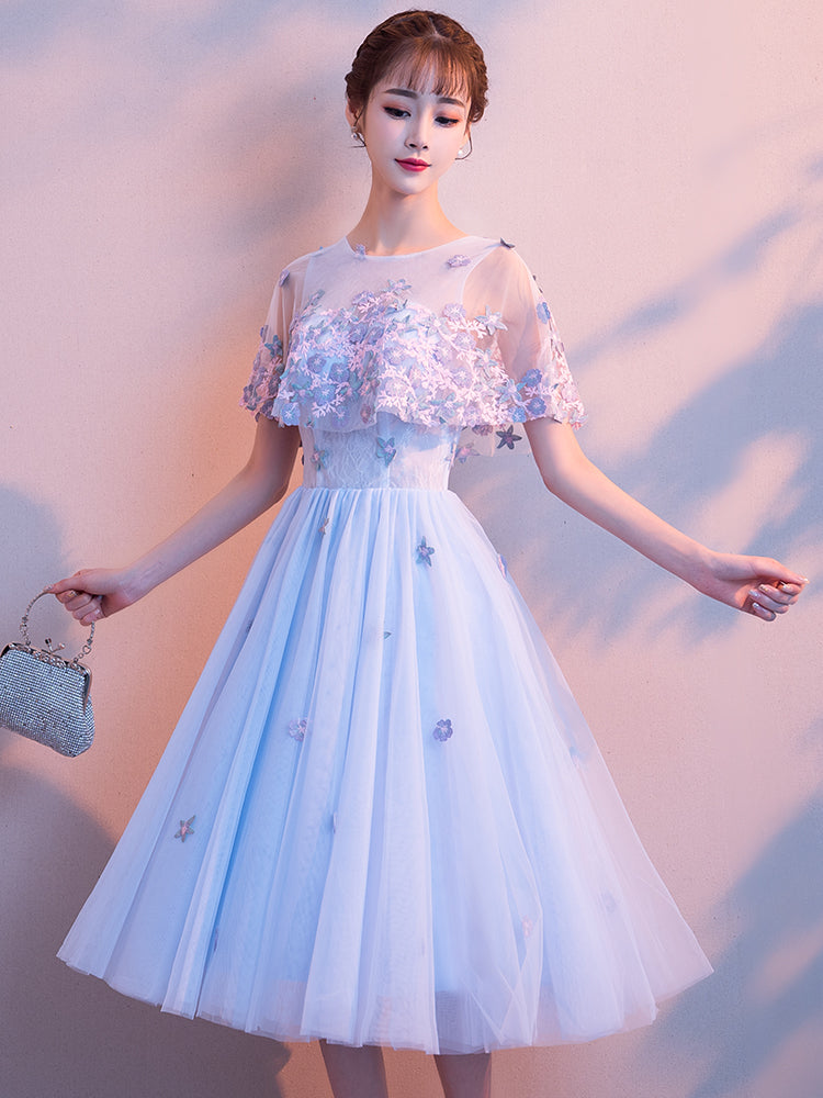 Light Blue Flowers Tulle Short Homecoming Dress, Light Blue Short
