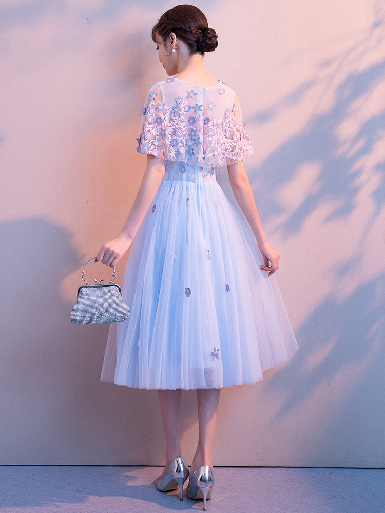 Light Blue Flowers Tulle Short Homecoming Dress, Light Blue Short Prom Cutedressy Light Blue Flowers Tulle Short Homecoming Dress, Light Blue Short Prom Cutedressy