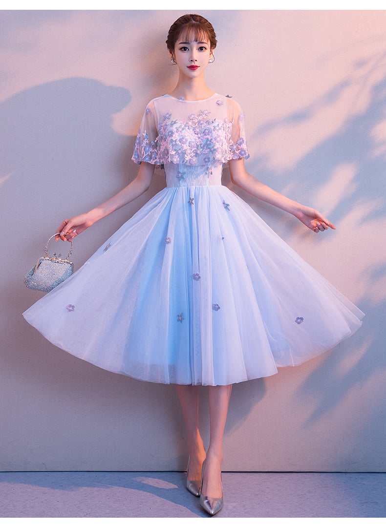Light Blue Flowers Tulle Short Homecoming Dress, Light Blue Short Prom Dress Bridesmaid Dress
