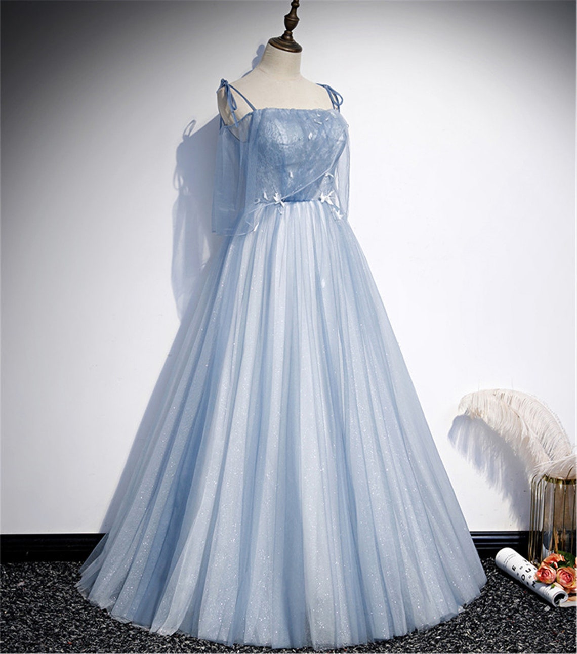 Light Blue Glitter Spaghetti Straps Formal Dress, Lace Up Back Wedding Cutedressy Light Blue Glitter Spaghetti Straps Formal Dress, Lace Up Back Wedding Cutedressy
