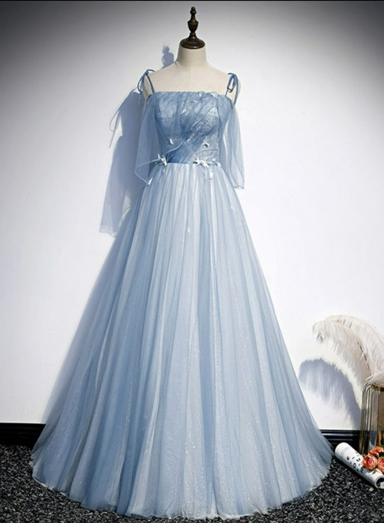Light  Blue Glitter Spaghetti Straps Formal Dress,  Lace Up Back Wedding Dress Glitter Tulle Prom Dresses