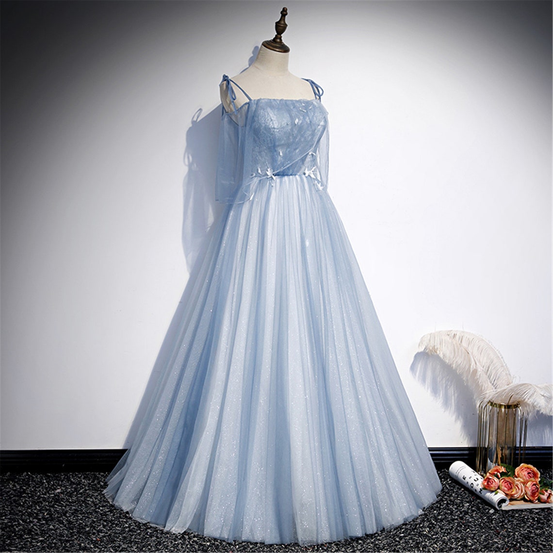 Light Blue Glitter Spaghetti Straps Formal Dress, Lace Up Back Wedding Cutedressy Light Blue Glitter Spaghetti Straps Formal Dress, Lace Up Back Wedding Cutedressy