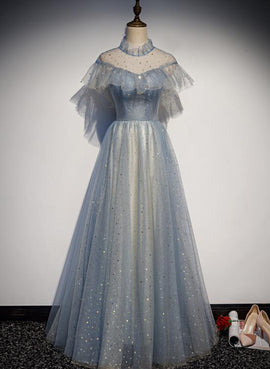 Light Blue High Neckline Shiny Tulle Long Simple Prom Dress, Blue A-line Formal Dresses