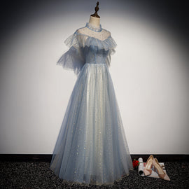 Light Blue High Neckline Shiny Tulle Long Simple Prom Dress, Blue A-line Formal Dresses