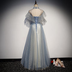 Light Blue High Neckline Shiny Tulle Long Simple Prom Dress, Blue A-line Formal Dresses