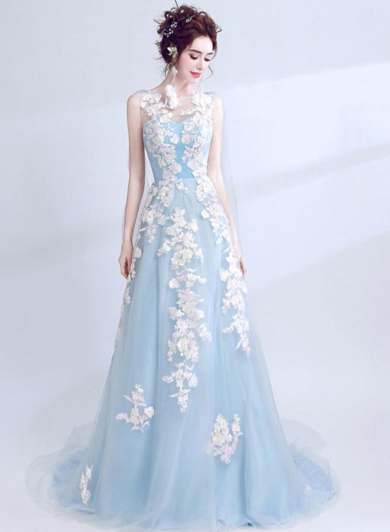 Light Blue Long V Back Formal Dress with Lace Applique, Blue Prom Dresses Party Dress