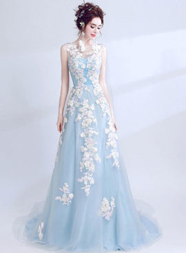 Light Blue Long V Back Formal Dress with Lace Applique, Blue Prom Dresses Party Dress