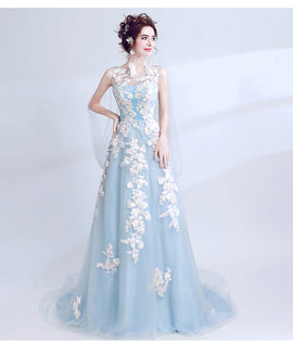 Light Blue Long V Back Formal Dress with Lace Applique, Blue Prom Dresses Party Dress