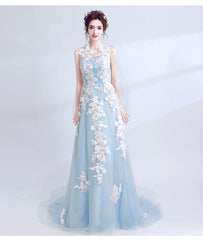 Light Blue Long V Back Formal Dress with Lace Applique, Blue Prom Dresses Party Dress