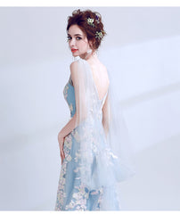 Light Blue Long V Back Formal Dress with Lace Applique, Blue Prom Dresses Party Dress