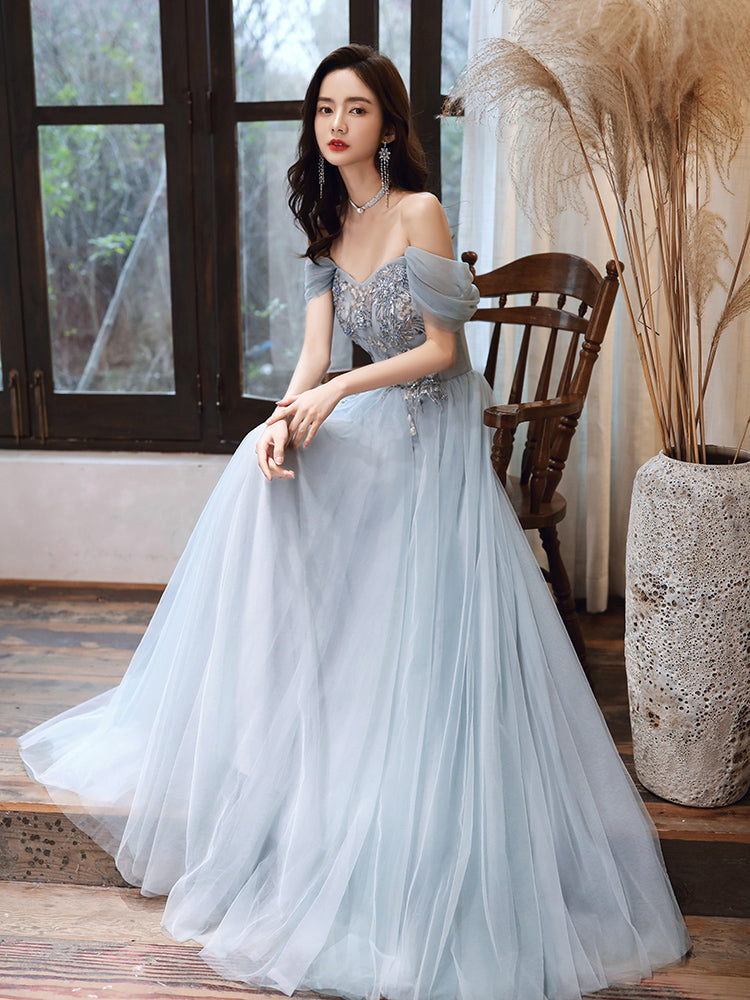 Light Blue Off Shoulder A-line Tulle Evening Dress Prom Dress, Blue Long Party Dresses