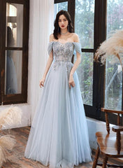 Light Blue Off Shoulder A-line Tulle Evening Dress Prom Dress, Blue Long Party Dresses
