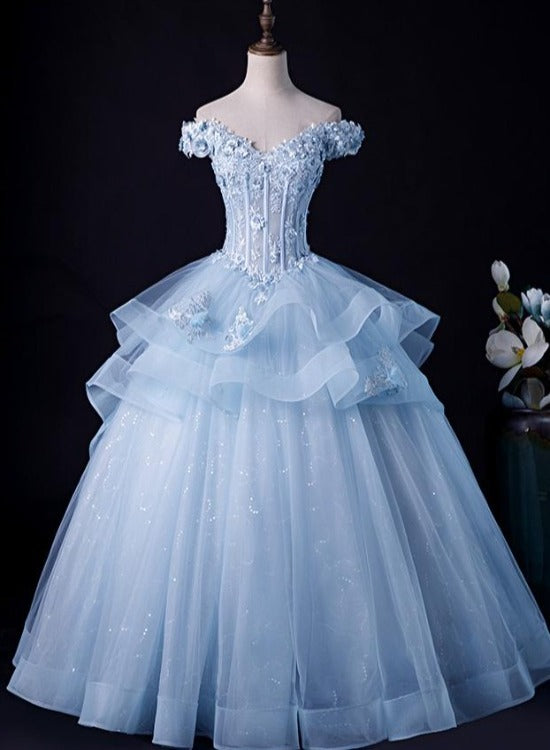 Light Blue Off Shoulder Lace Applique Ball Gown Formal Dress, Blue Swe ...