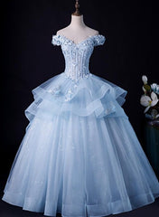 Light Blue Off Shoulder Lace Applique Ball Gown Formal Dress, Blue Sweet 16 Gown