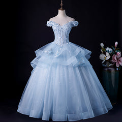 Light Blue Off Shoulder Lace Applique Ball Gown Formal Dress, Blue Sweet 16 Gown