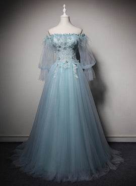 Light Blue Off Shoulder Long Sleeves Tulle Party Dress with Lace, A-line Blue Formal Dresses