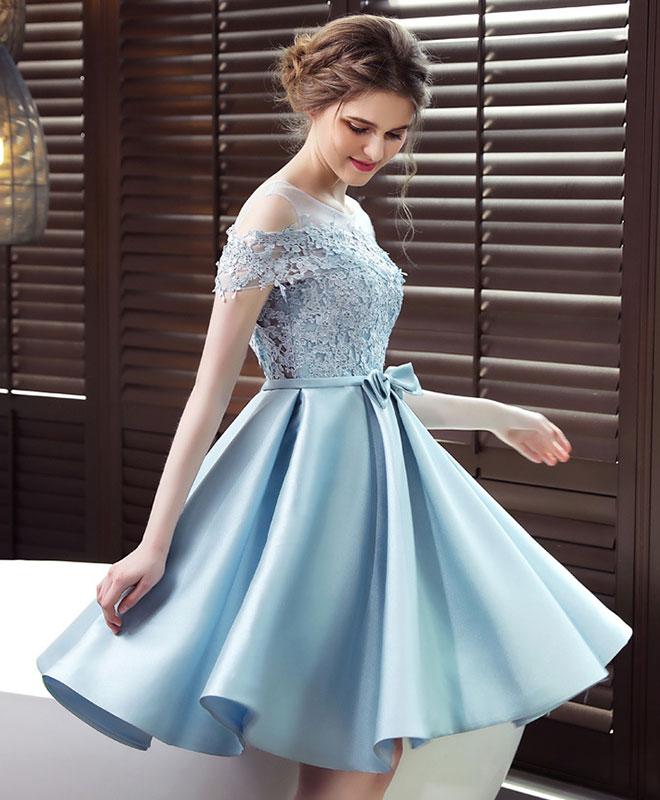Light Blue Satin Lace Top Off Shoulder Homecoming Dress, Blue Prom Dress Party Dress