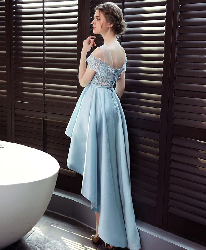 Light Blue Satin New Style Lace Off Shoulder High Low Formal Dress, Blue Homecoming Dress