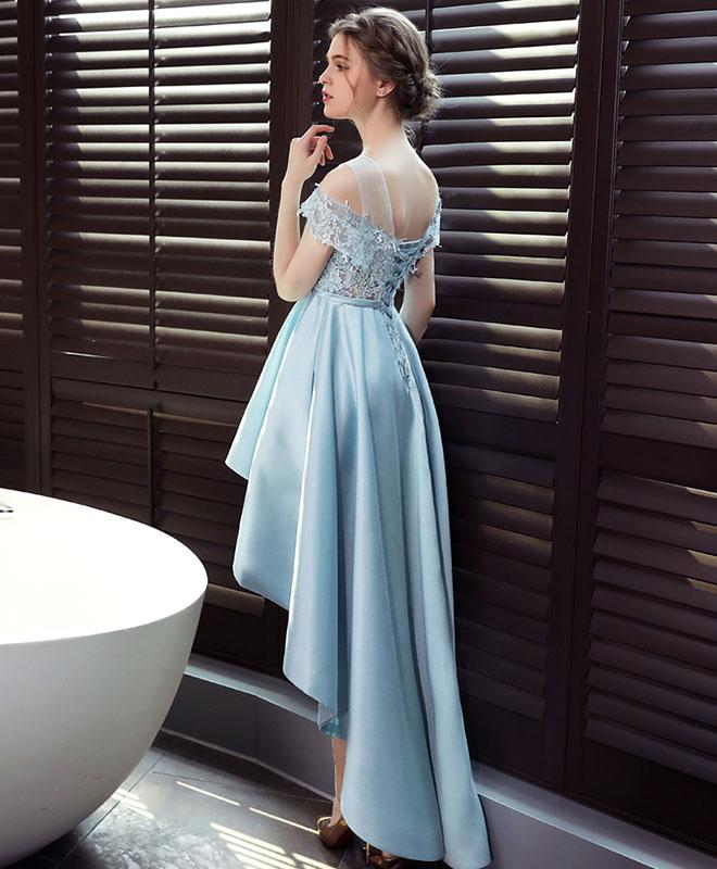 Light Blue Satin New Style Lace Off Shoulder High Low Formal Dress, Bl Cutedressy Light Blue Satin New Style Lace Off Shoulder High Low Formal Dress, Bl Cutedressy