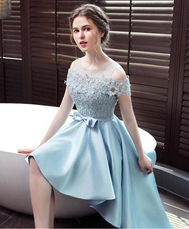 Light Blue Satin New Style Lace Off Shoulder High Low Formal Dress, Bl Cutedressy Light Blue Satin New Style Lace Off Shoulder High Low Formal Dress, Bl Cutedressy