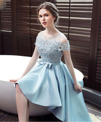 Light Blue Satin New Style Lace Off Shoulder High Low Formal Dress, Blue Homecoming Dress