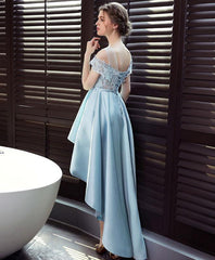 Light Blue Satin New Style Lace Off Shoulder High Low Formal Dress, Blue Homecoming Dress