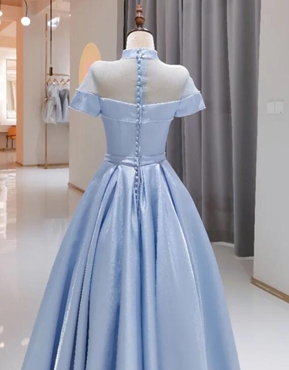 short sleeve long dress formal Light Blue Satin Short Sleeves High Neckline Long Evening Dress, New Style Party Dress Formal Dress
