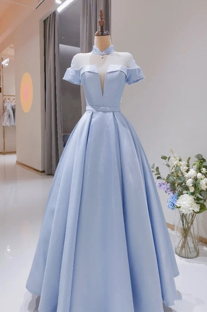 Light Blue Satin Short Sleeves High Neckline Long Evening Dress, New S Cutedressy Light Blue Satin Short Sleeves High Neckline Long Evening Dress, New S Cutedressy