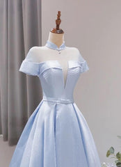 Light Blue Satin Short Sleeves High Neckline Long Evening Dress, New Style Party Dress Formal Dress