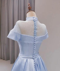 Light Blue Satin Short Sleeves High Neckline Long Evening Dress, New Style Party Dress Formal Dress