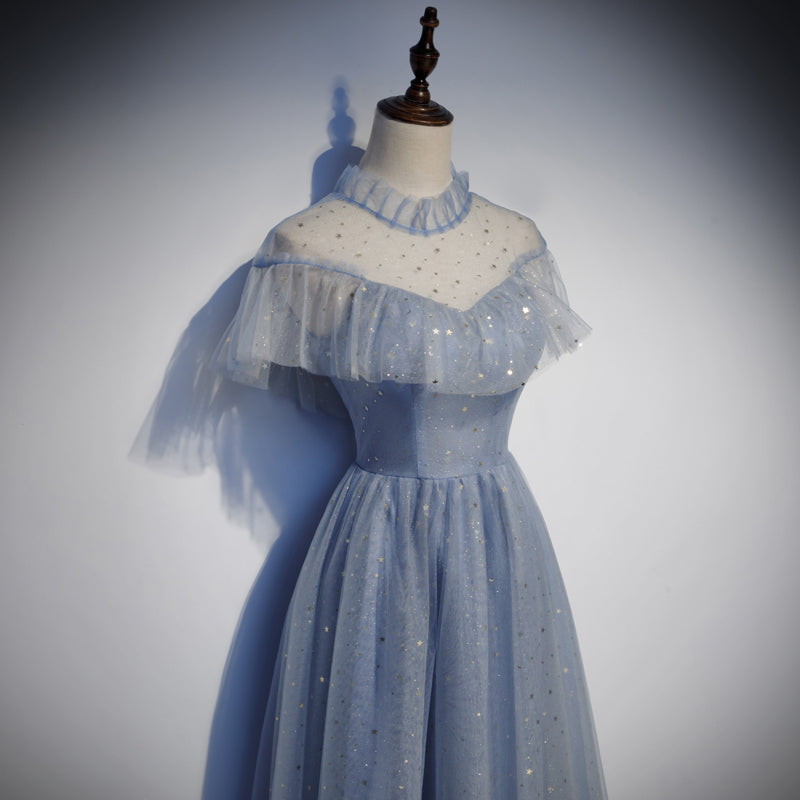 Light Blue Shiny Tulle High Neckline Homecoming Dress Party Dress, Blue Short Prom Dress