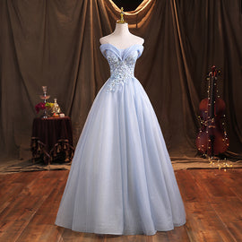 Light Blue Sweetheart Lace Applique Shiny Tulle Long Party Dress, Blue Prom Dress