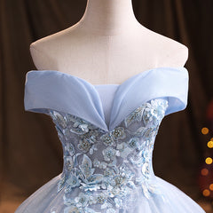 Light Blue Sweetheart Lace Applique Shiny Tulle Long Party Dress, Blue Prom Dress