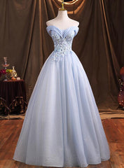 Light Blue Sweetheart Lace Applique Shiny Tulle Long Party Dress, Blue Prom Dress