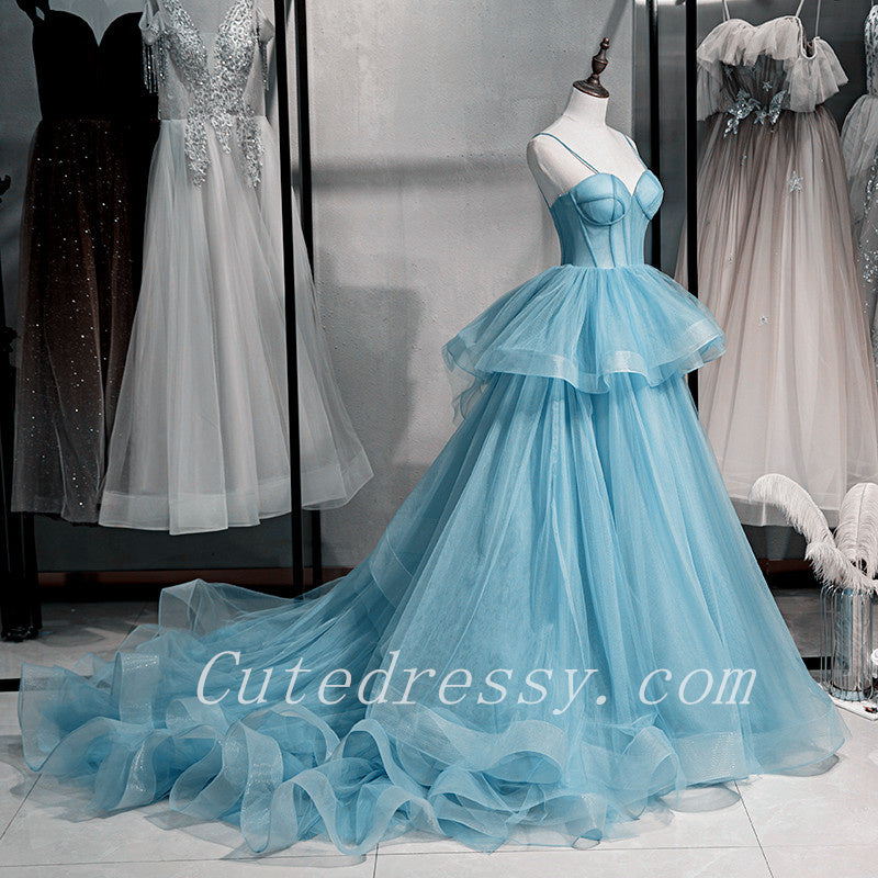 Light Blue Sweetheart Layers Tulle Long Evening Gowns, Blue Wedding Party Dresses