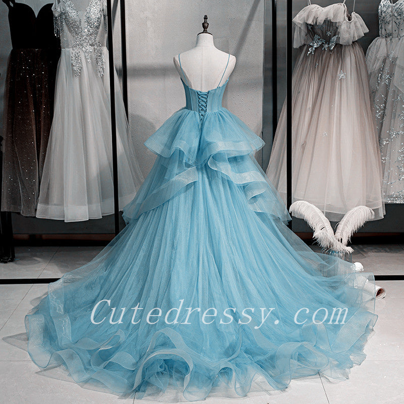 Light Blue Sweetheart Layers Tulle Long Evening Gowns, Blue Wedding Party Dresses