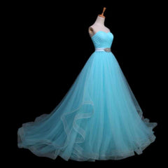 Light Blue Sweetheart Tulle Long Formal Dress with Belt, Charming Tulle Sweet 16 Dresses