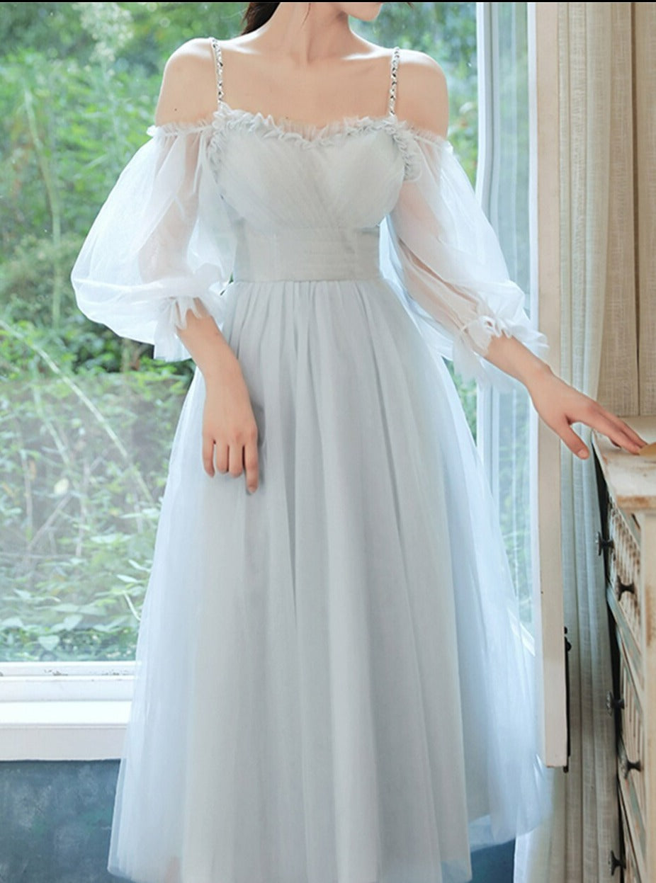 Light Blue Tea Length Party Dress with Puffy Sleeves, Charming Blue Formal Dresses