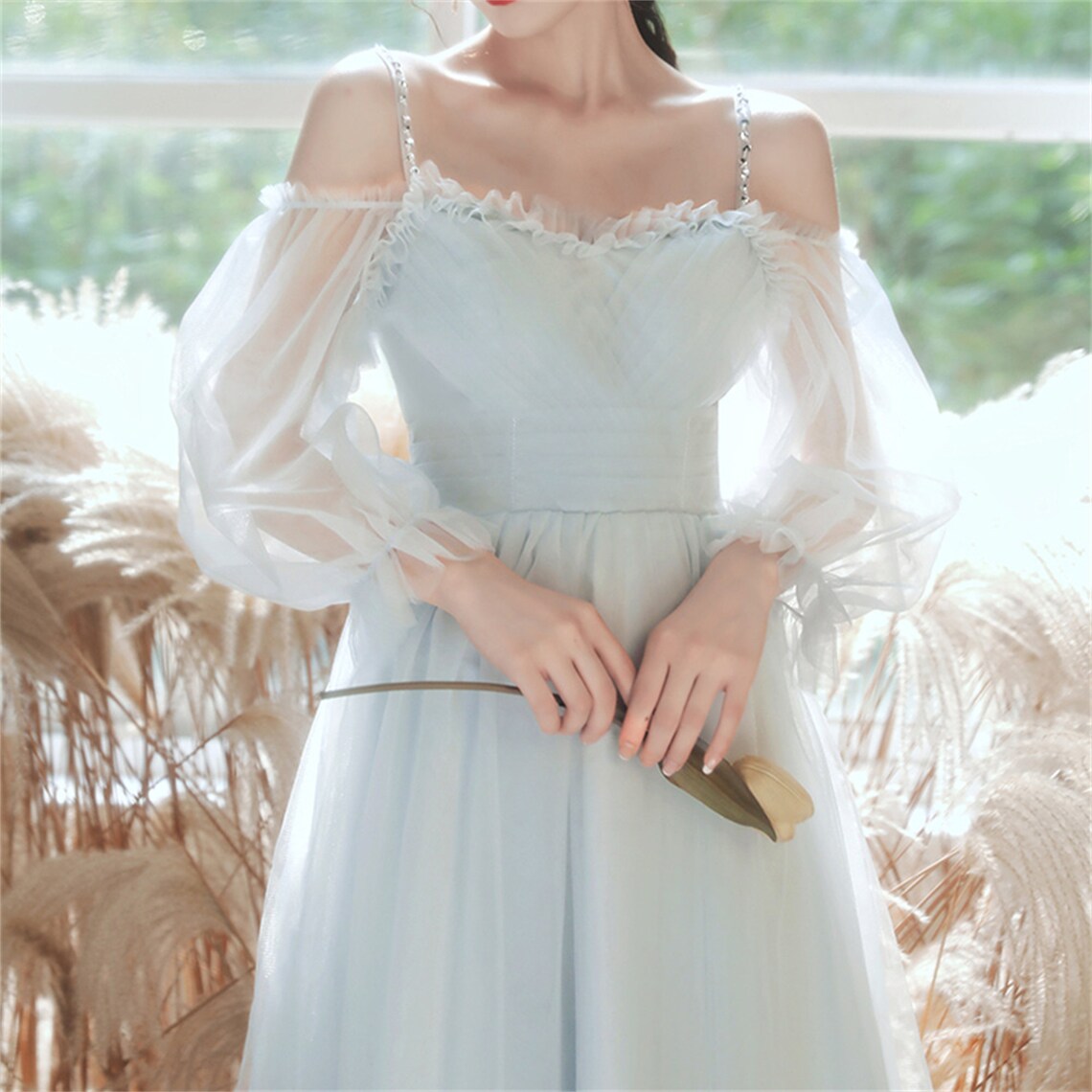 Light Blue Tea Length Party Dress with Puffy Sleeves, Charming Blue Fo Cutedressy Light Blue Tea Length Party Dress with Puffy Sleeves, Charming Blue Fo Cutedressy