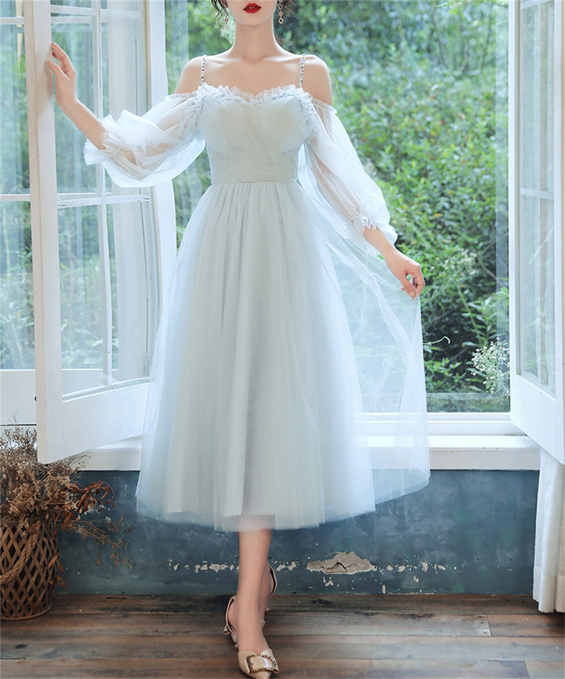 Light Blue Tea Length Party Dress with Puffy Sleeves, Charming Blue Fo Cutedressy Light Blue Tea Length Party Dress with Puffy Sleeves, Charming Blue Fo Cutedressy