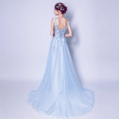 Light Blue Tulle Beaded Flowers V-neckline Prom Dress, Long Blue Party Dress Evening Dress