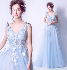 Light Blue Tulle Beaded Flowers V-neckline Prom Dress, Long Blue Party Dress Evening Dress