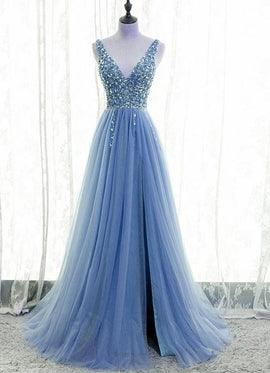 Light Blue Tulle Beaded V-neckline Low Back Long Party Dress, Blue Junior Prom Dress