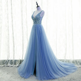 Light Blue Tulle Beaded V-neckline Low Back Long Party Dress, Blue Junior Prom Dress