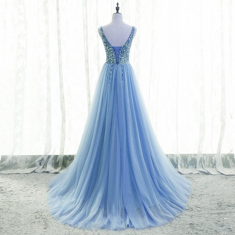 Light Blue Tulle Beaded V-neckline Low Back Long Party Dress, Blue Jun Cutedressy Light Blue Tulle Beaded V-neckline Low Back Long Party Dress, Blue Jun Cutedressy