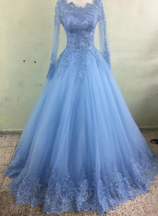 Light Blue Tulle Long Sleeves Ball Gown Party Dress with Lace, Blue Ev – Cutedressy
