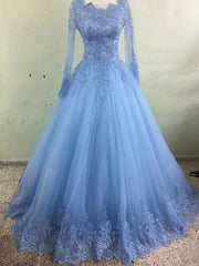 Light Blue Tulle Long Sleeves Ball Gown Party Dress with Lace, Blue Evening Dress Prom Dress
