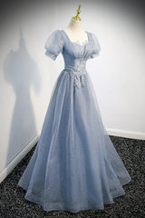 Light Blue Tulle Short Sleeves A-line Long Party Dresses, Blue Evening Dresses Formal Dresses