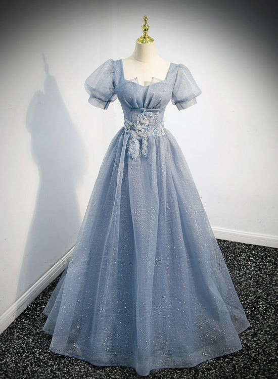 Light Blue Tulle Short Sleeves A-line Long Party Dresses, Blue Evening Dresses Formal Dresses